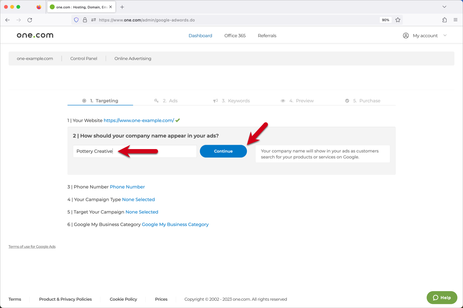 The screenshot shows the Google Ads dashboard in the Control Panel. A red arrow points to the input field for the company name and the 'Continue' button.