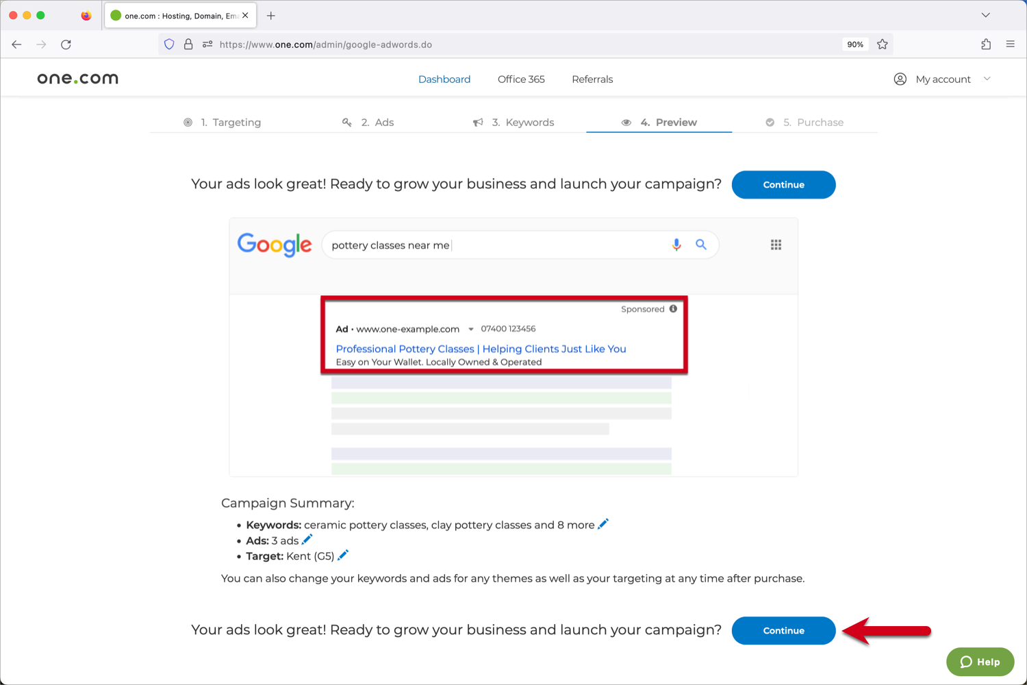 Marco que resalta la vista previa del anuncio y flecha roja que señala el botón «Continuar» en el proceso de configuración de Google Ads.