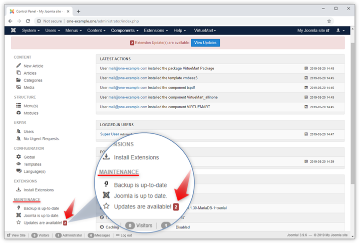 Capture d’écran du panneau de configuration Joomla.