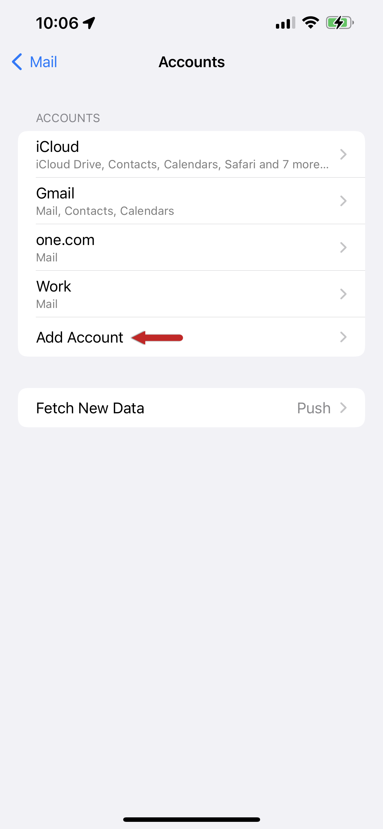 Screenshot of the Accounts screen with a red arrow pointing to Add Account.