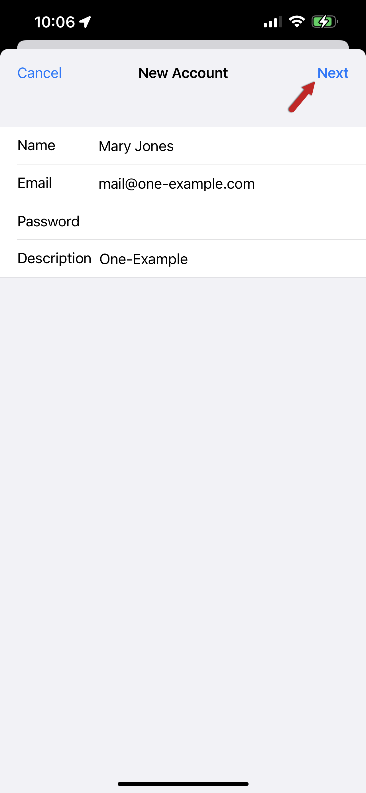 Screenshot of the New Account setup screen showing account details with a red arrow pointing to the Next button.