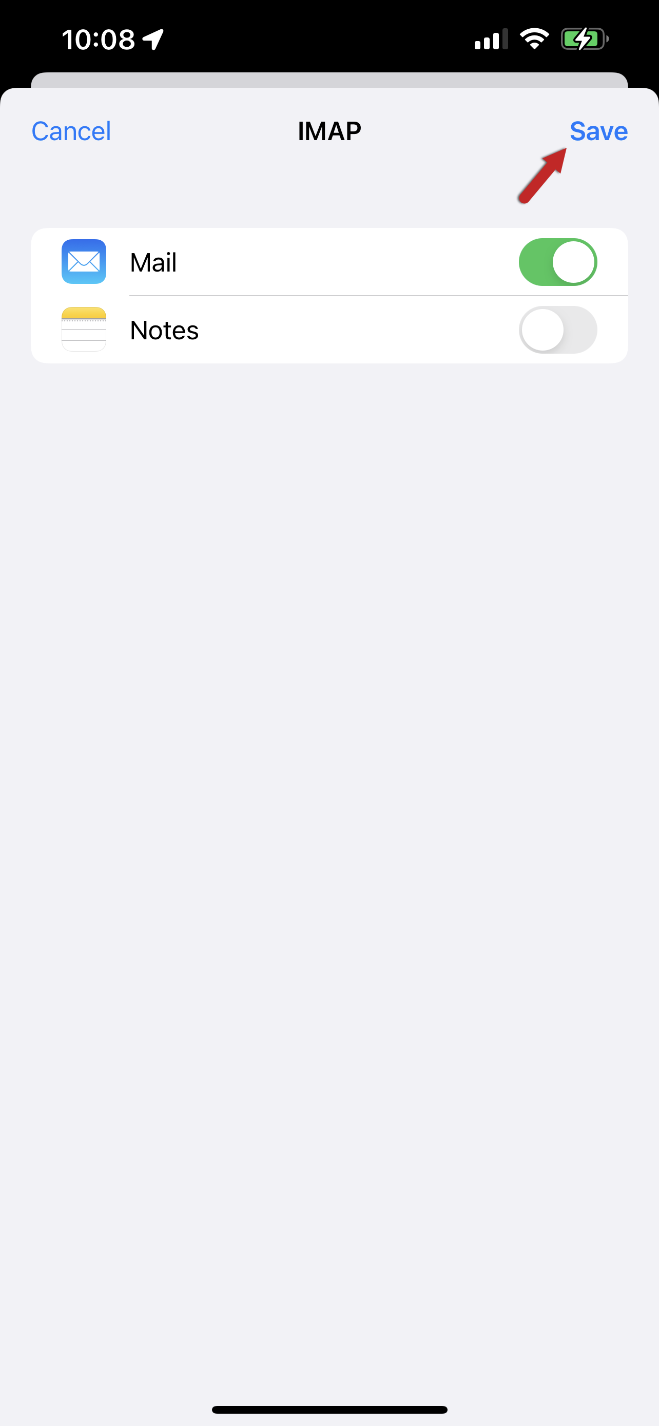 Captura de tela da tela de configurações IMAP com Email ativado, Observação desativada, e uma seta vermelha apontando para o botão Salvar.