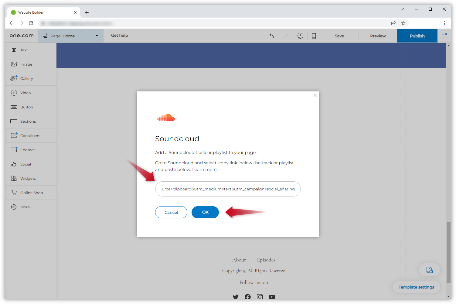 Screenshot van het pop-upvenster van SoundCloud en twee rode pijlen. De ene wijst naar het invoerveld en de andere naar de knop 'OK'.