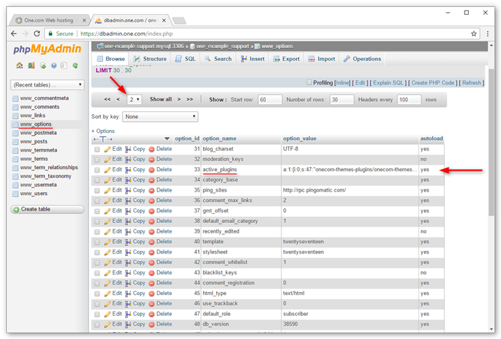 Ecrã da linha active_plugins no phpMyAdmin.