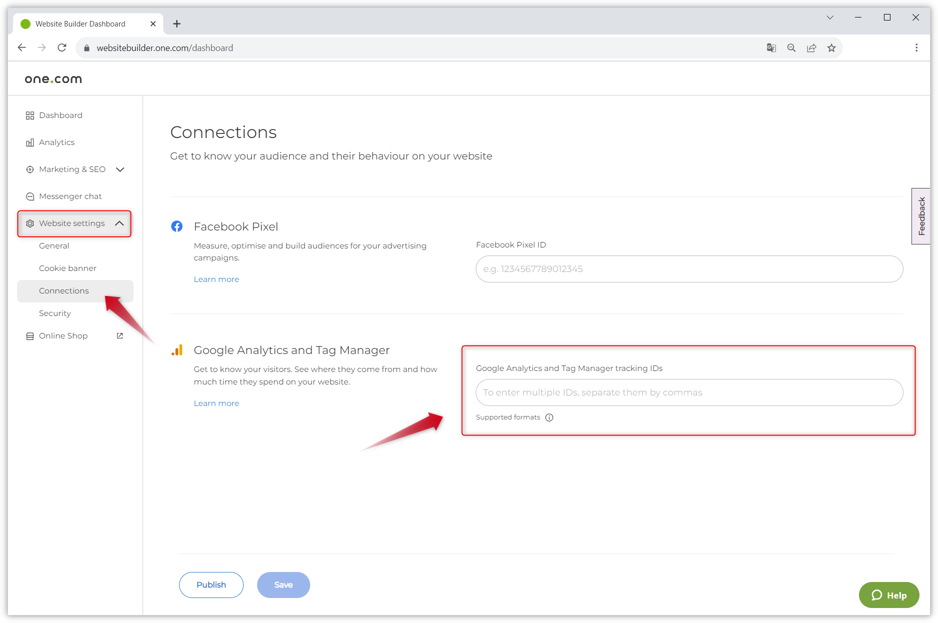 Screenshot des Dashboards des Homepage-Baukastens mit zwei roten Pfeilen. Einer zeigt im linken Menü auf "Verbindungen" und der andere auf das Feld für die Tracking-ID.