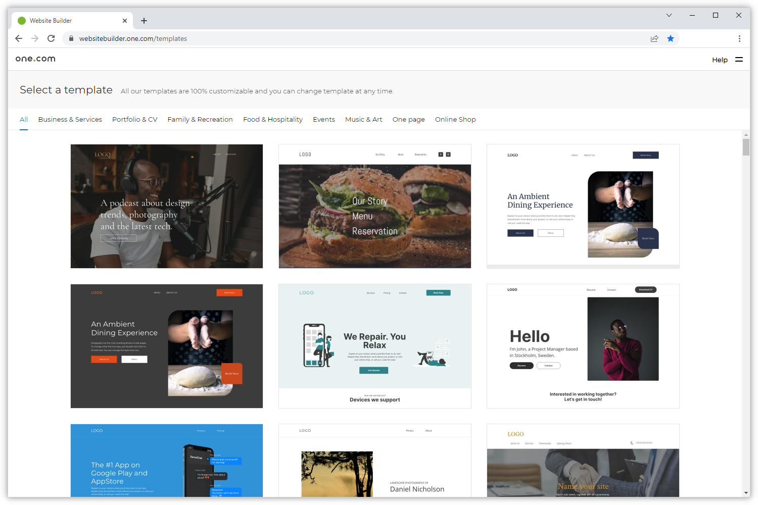 Screenshot showing customisable and predesigned Website Builder templates.