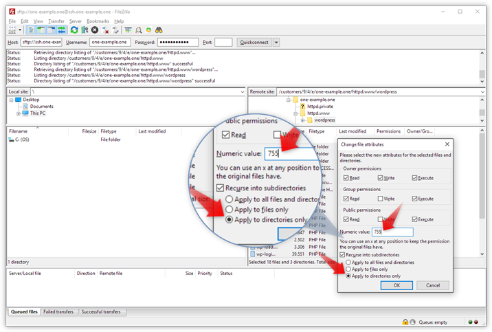 The screenshot shows the permission for folders. A red arrow points to the Numeric value and another red arrow to 'Apply to directories only'.