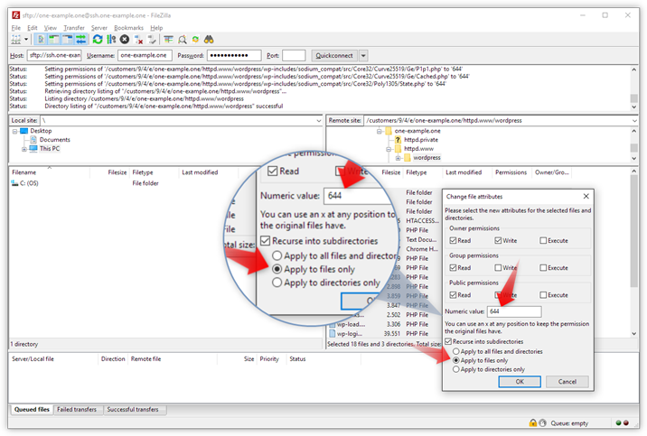 The screenshot shows the permission for files. A red arrow pointing to the Numeric value and another red arrow to 'Apply to files only'.