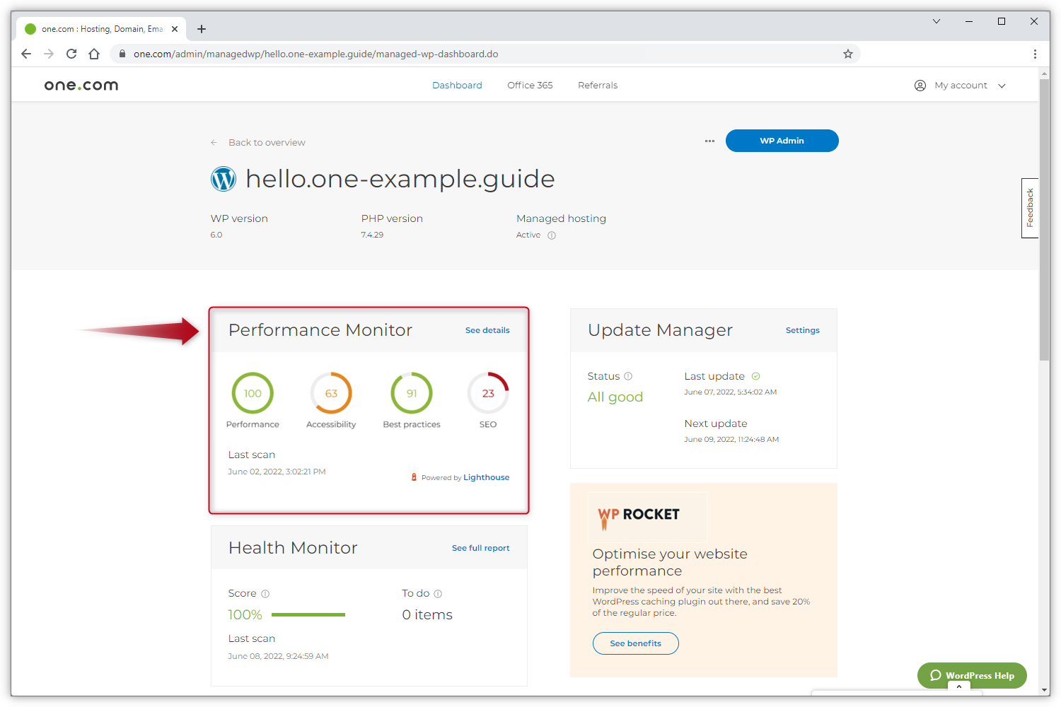 Lo screenshot evidenzia il Monitor delle Prestazioni nella dashboard di WordPress.