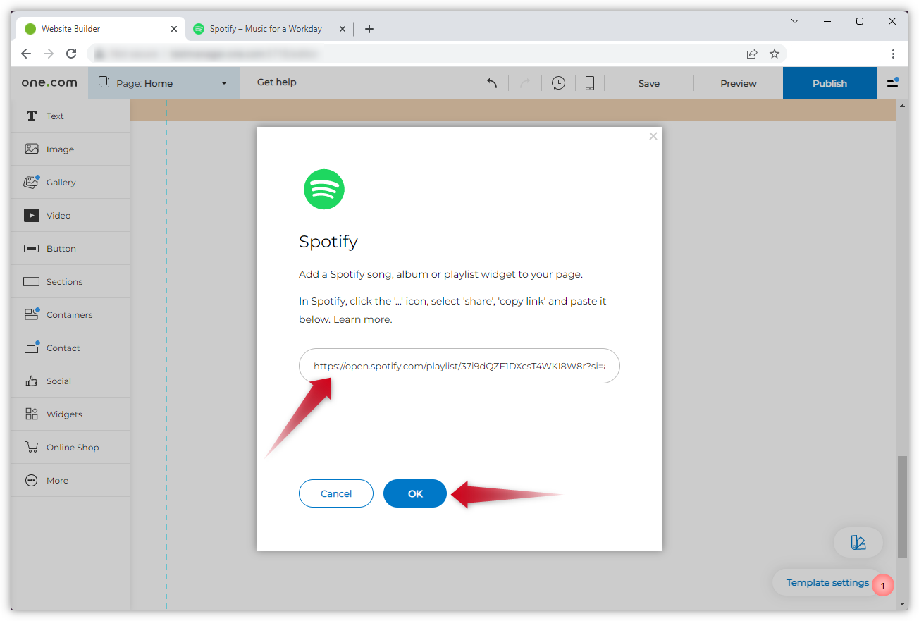 Screenshot of the Spotify pop-up window and two red arrows. One points to the input field and one points to the "OK" button.