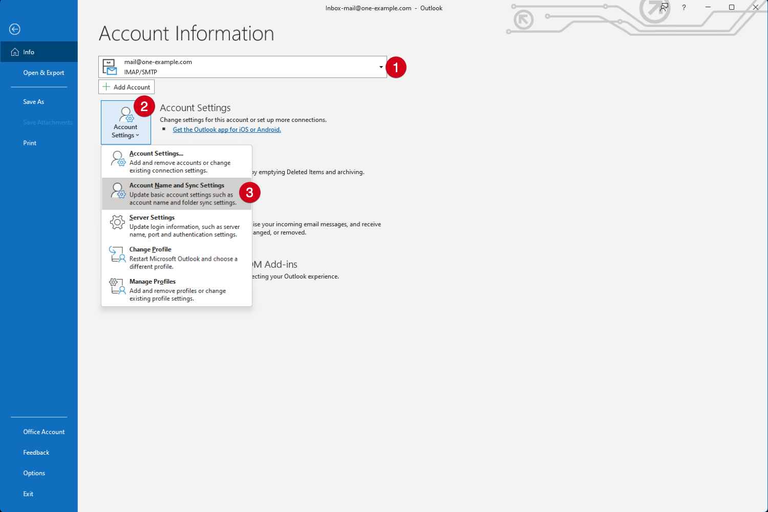 Screenshot von Outlook mit nummerierten roten Kreisen im Fenster Kontoinformationen.