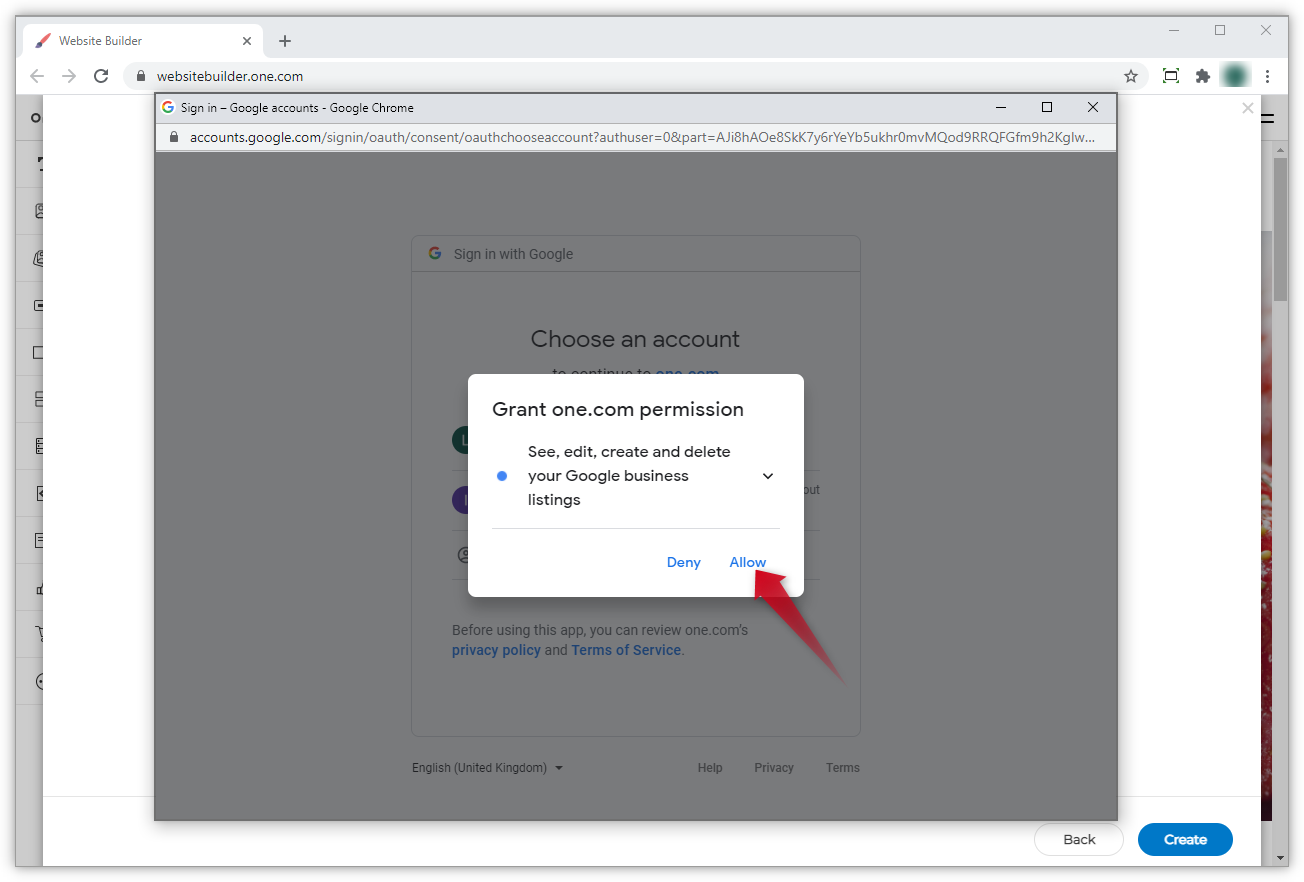 I skjermbildet ser du pop-up-varslingen med informasjon om hva som vil bli delt med one.com, og en rød pil som peker på 'Tillat'.
