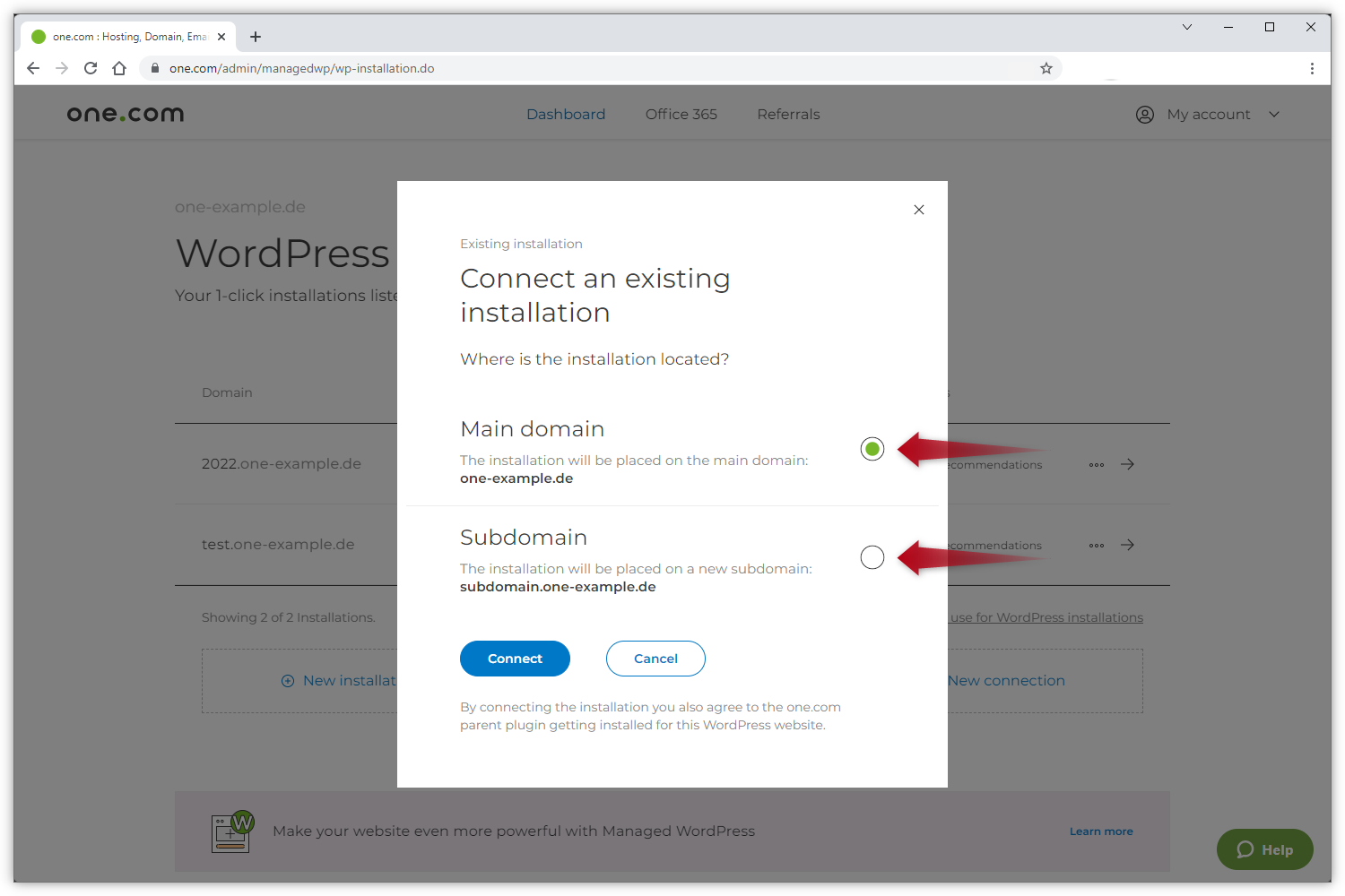 Skjermbildet viser et popup-vindu for å velge plasseringen av den eksisterende installasjonen.