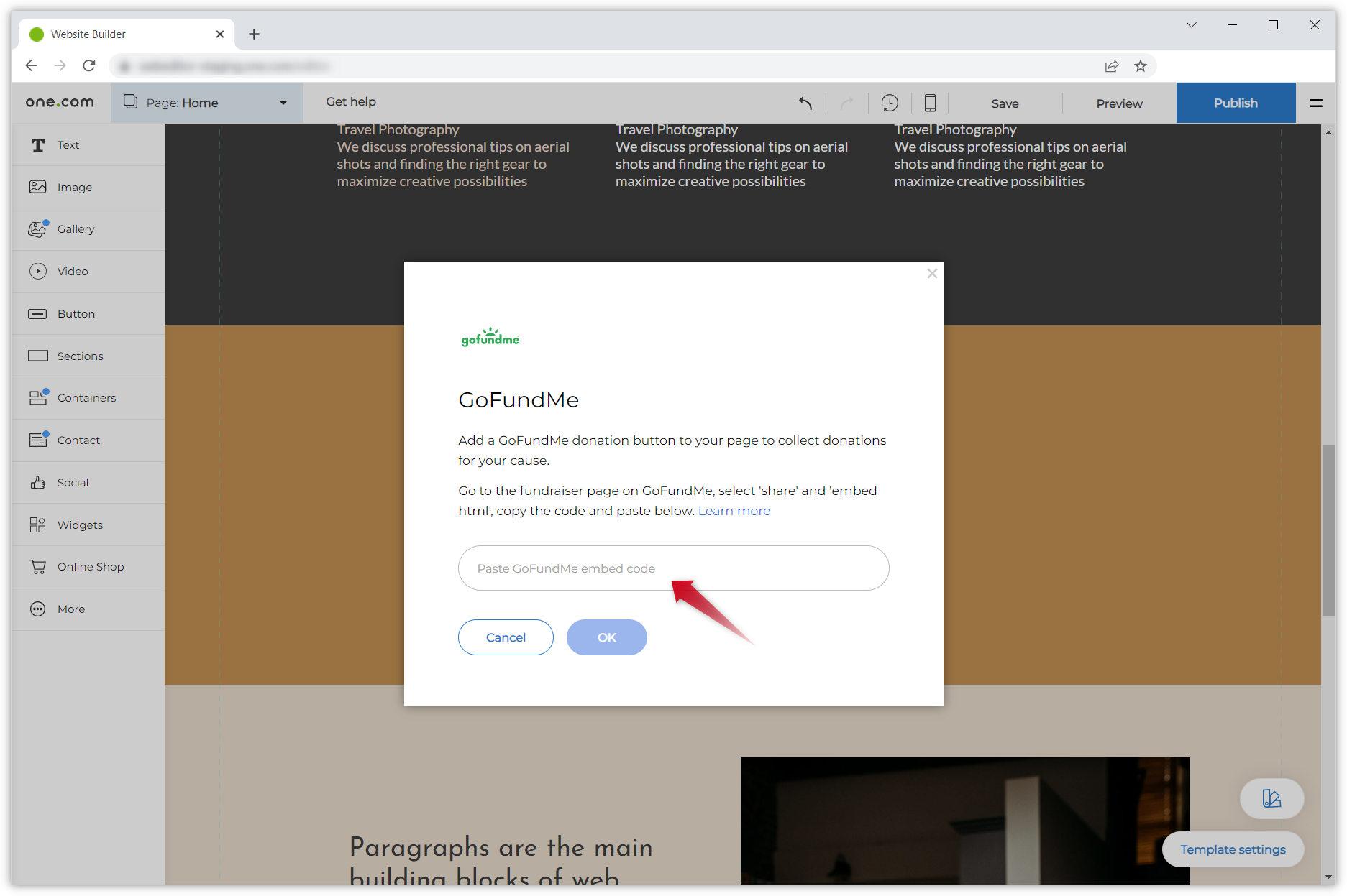 Screenshot della finestra pop-up di GoFundMe e una freccia rossa punta al campo di input.