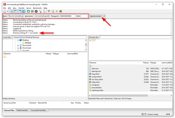  La captura de pantalla muestra el panel de inicio de sesión de FileZilla con un marco rojo alrededor de los campos de conexión, una flecha roja hacia Quickconnect y otra hacia el estado.