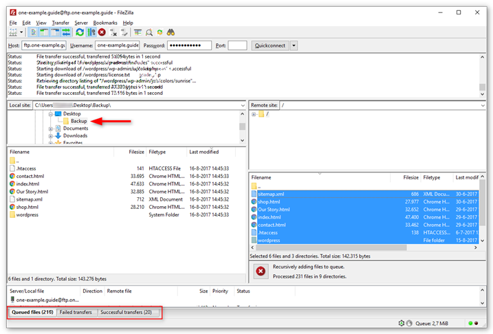 Captura de tela do painel de login do FileZilla com uma seta vermelha apontando para a pasta Backup e uma moldura vermelha destacando o status da transferência.