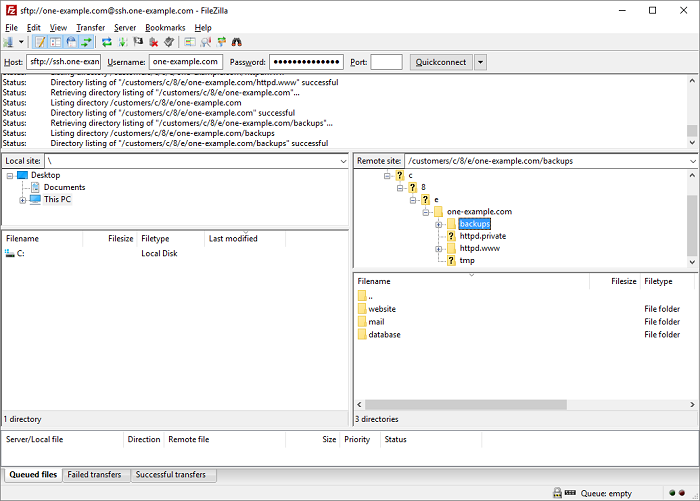 To locate your backups on your web space you need to log in with SFTP