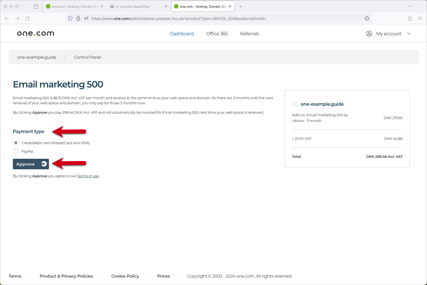  Screenshot shows arrows pointing to payment types and the Approve button.