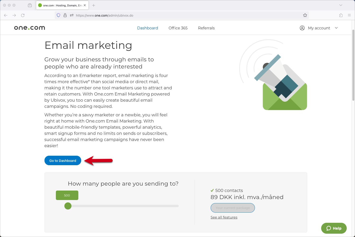  Screenshot shows an error pointing at the Go to Dashboard button for Ubivox.