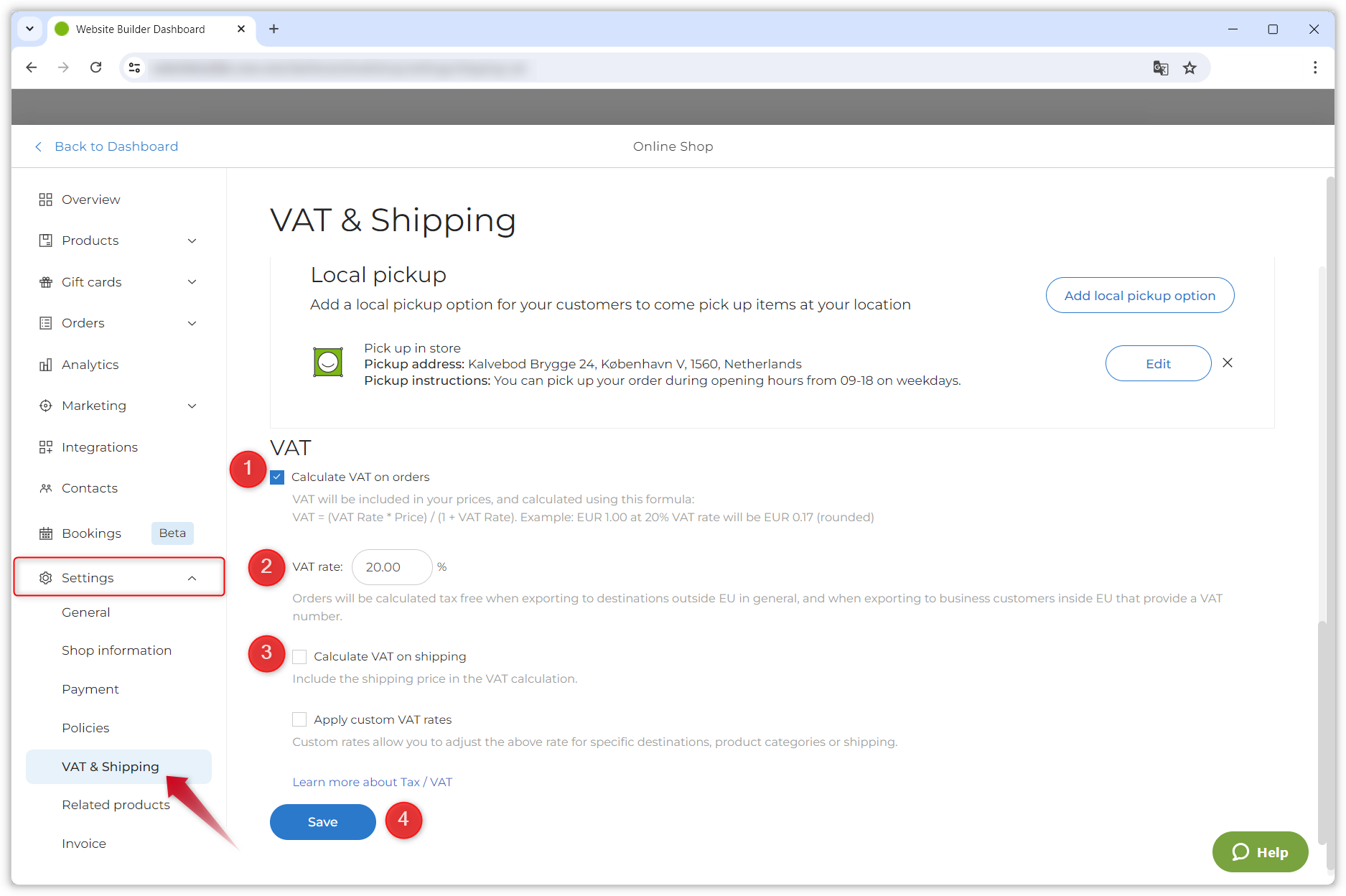 Skjermbilde som viser «MVA & frakt»-seksjonen i Nettbutikkens dashbord. Røde nummererte prikker peker på de ulike funksjonene som er fremhevet i denne seksjonen av guiden.