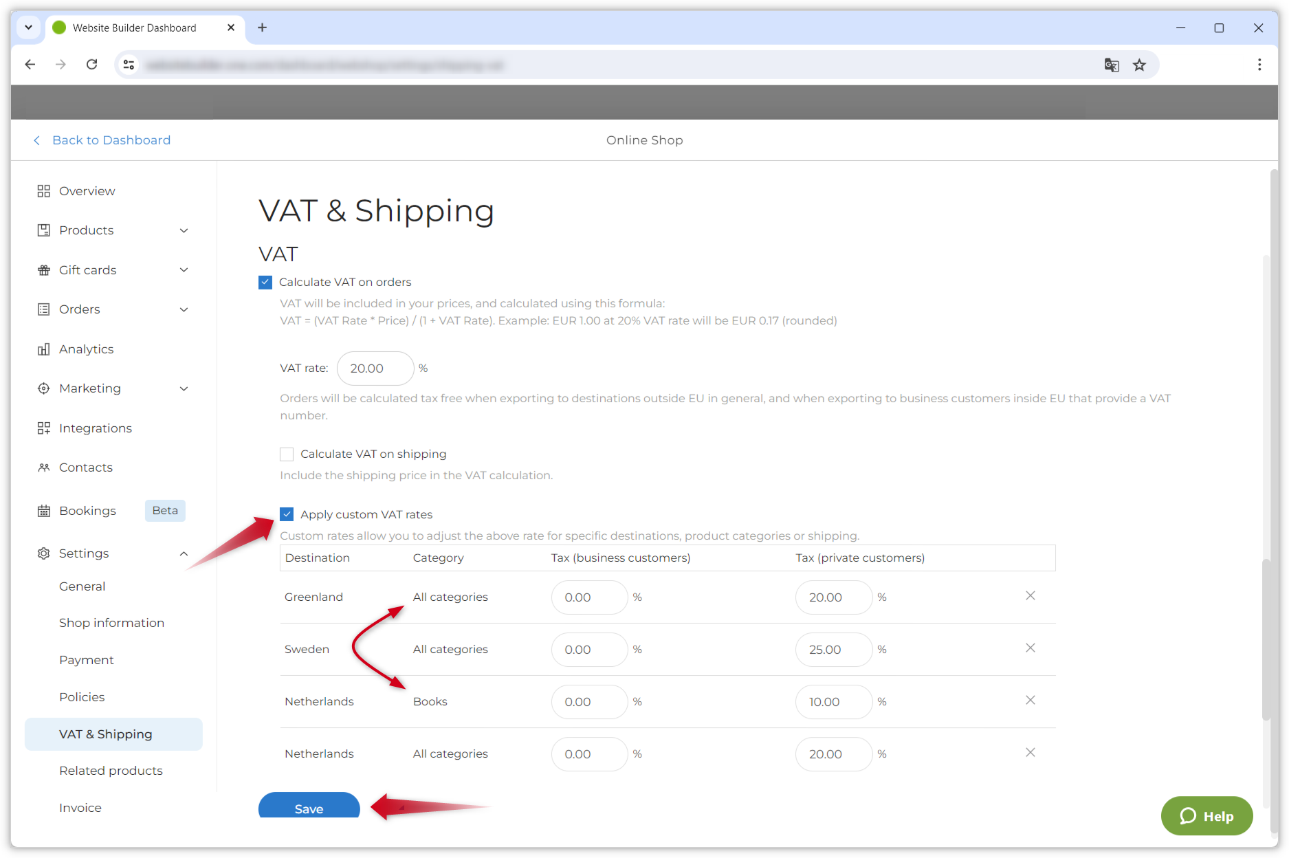 Skjermbilde som viser «MVA & frakt»-seksjonen i Nettbutikkens dashbord. En rød pil peker på boksen "Bruk egendefinerte MVA-satser" og to røde piler peker på de ulike kategoriene i oversikten over satsene.