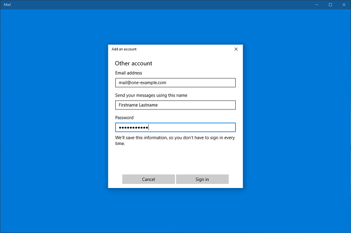 Enter the details for the email account you want to set up