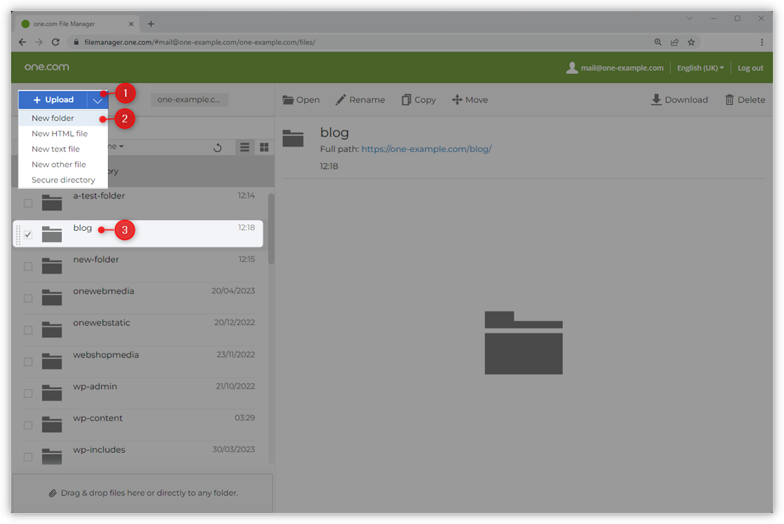 A screenshot showing where to click to create a new folder in File Manager.