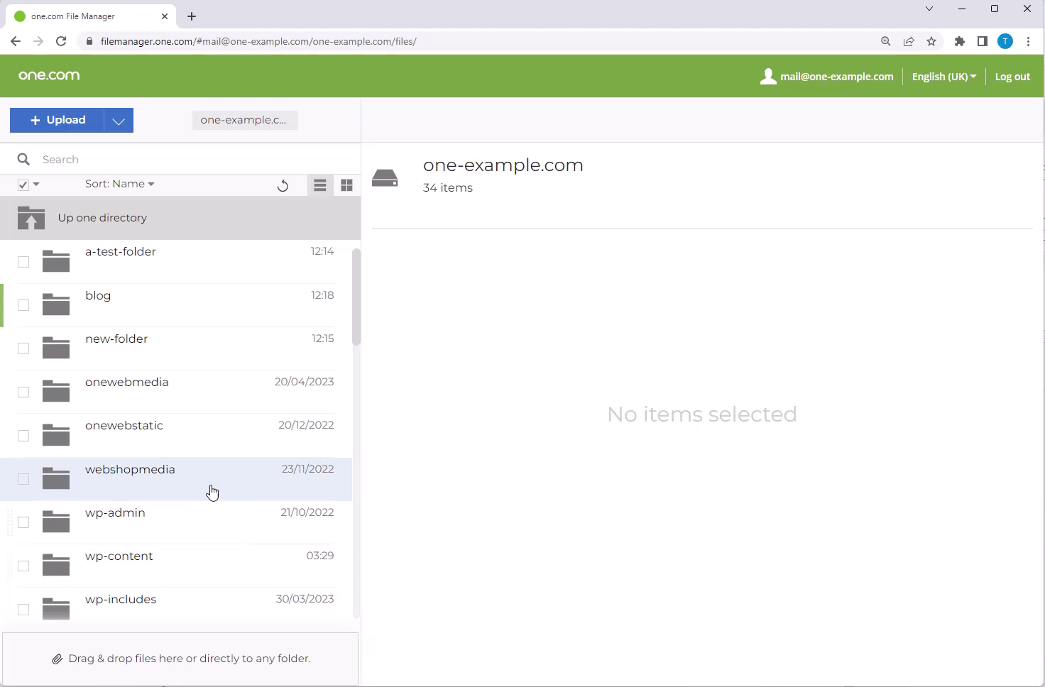 Et skjermbilde som viser hvor du skal klikke for å legge til filer i File Manager, spesifikt indeksfilen.