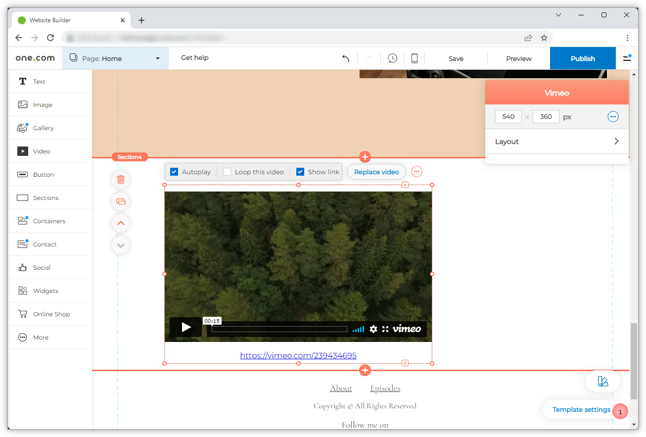 Screenshot des Video-Widgets im Editor.