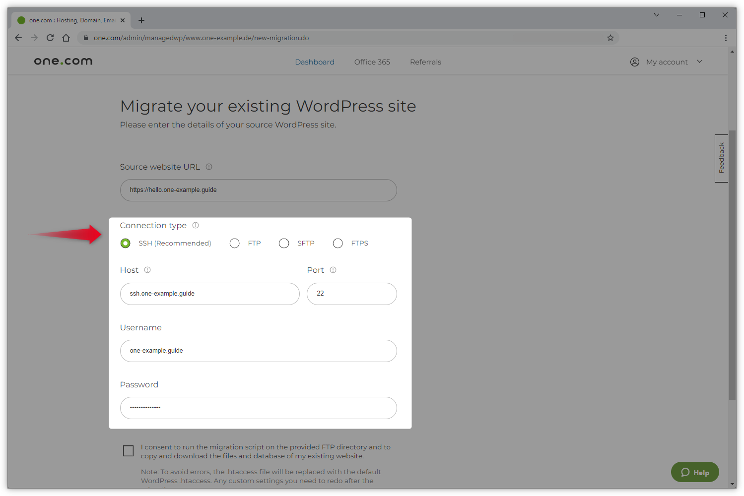 Kuvakaappauksessa kentät, joihin SSH-yhteyden tiedot syötetään.