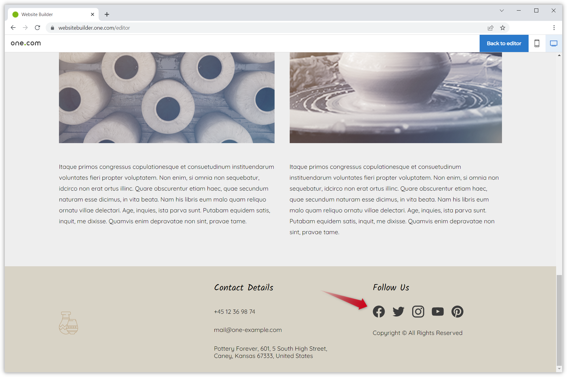 Screenshot van een voorbeeld van de icoontjes op de website in voorbeeldmodus. Een rode pijl wijst naar de icoontjes.