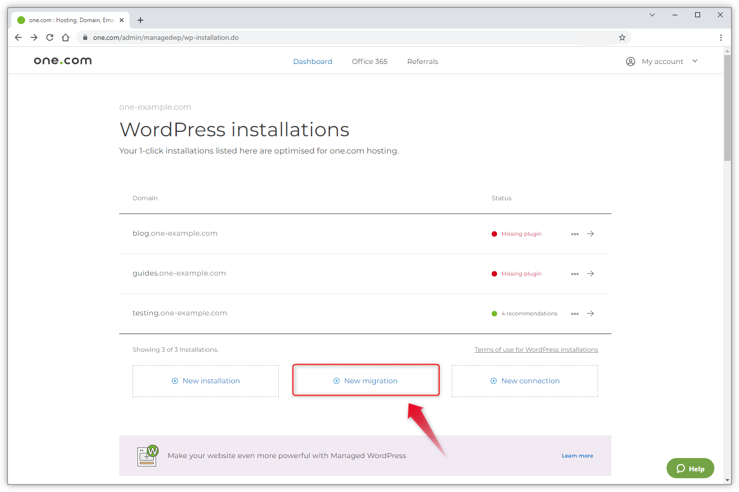 Kuvakaappaus näyttää WordPress-asennusten yleiskatsauksen. Nuoli osoittaa "Uusi siirto" -painiketta.