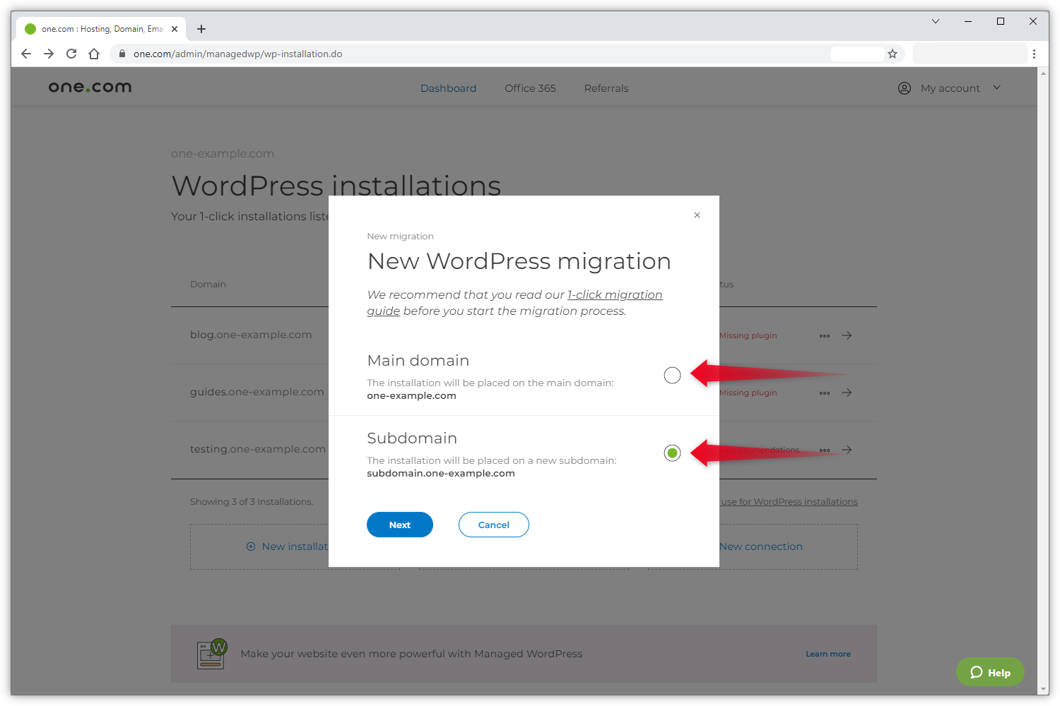 Kuvakaappauksessa ponnahdusikkuna, jossa siirron sijainniksi voi valita pää- tai aliverkkotunnuksen.