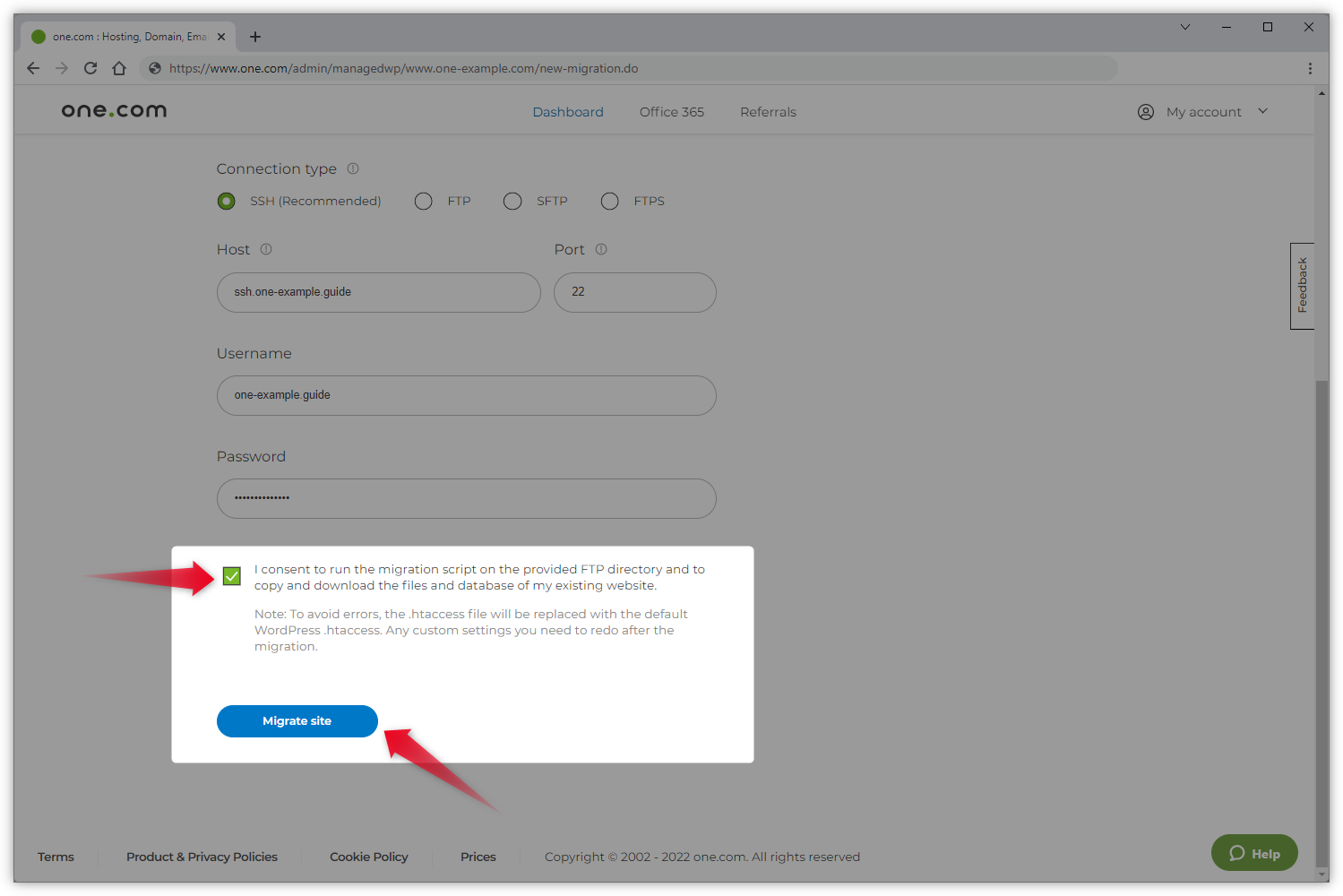 Nuolet osoittavat valintaruutua ja Siirrä sivusto -painiketta.