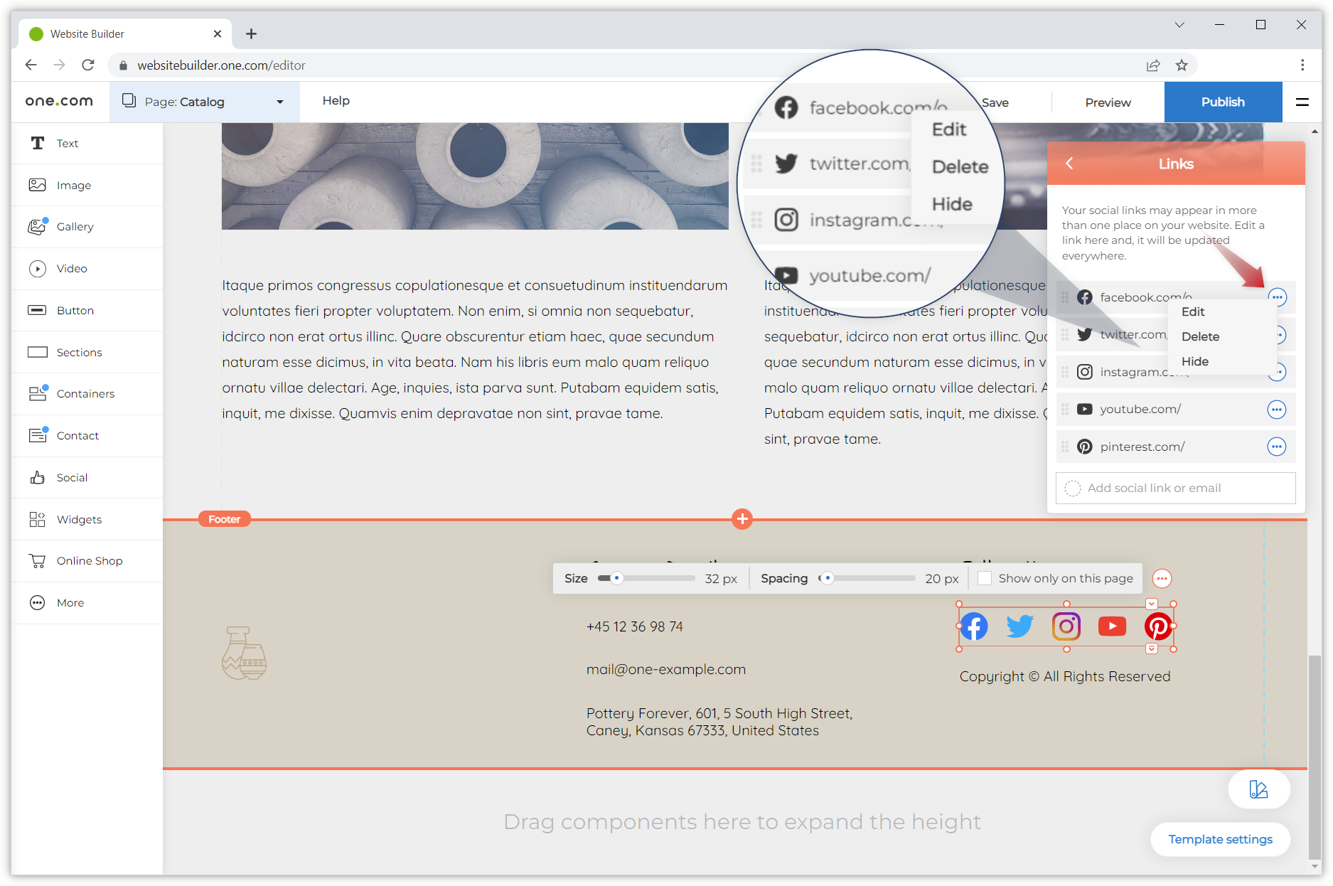Screenshot van het geopende zwevende menu van de sociale media-icoontjes. Het menu-tabblad voor Links is geopend; een vergrootglas zoomt in op de instellingen, en een rode pijl wijst naar het drie puntjes.