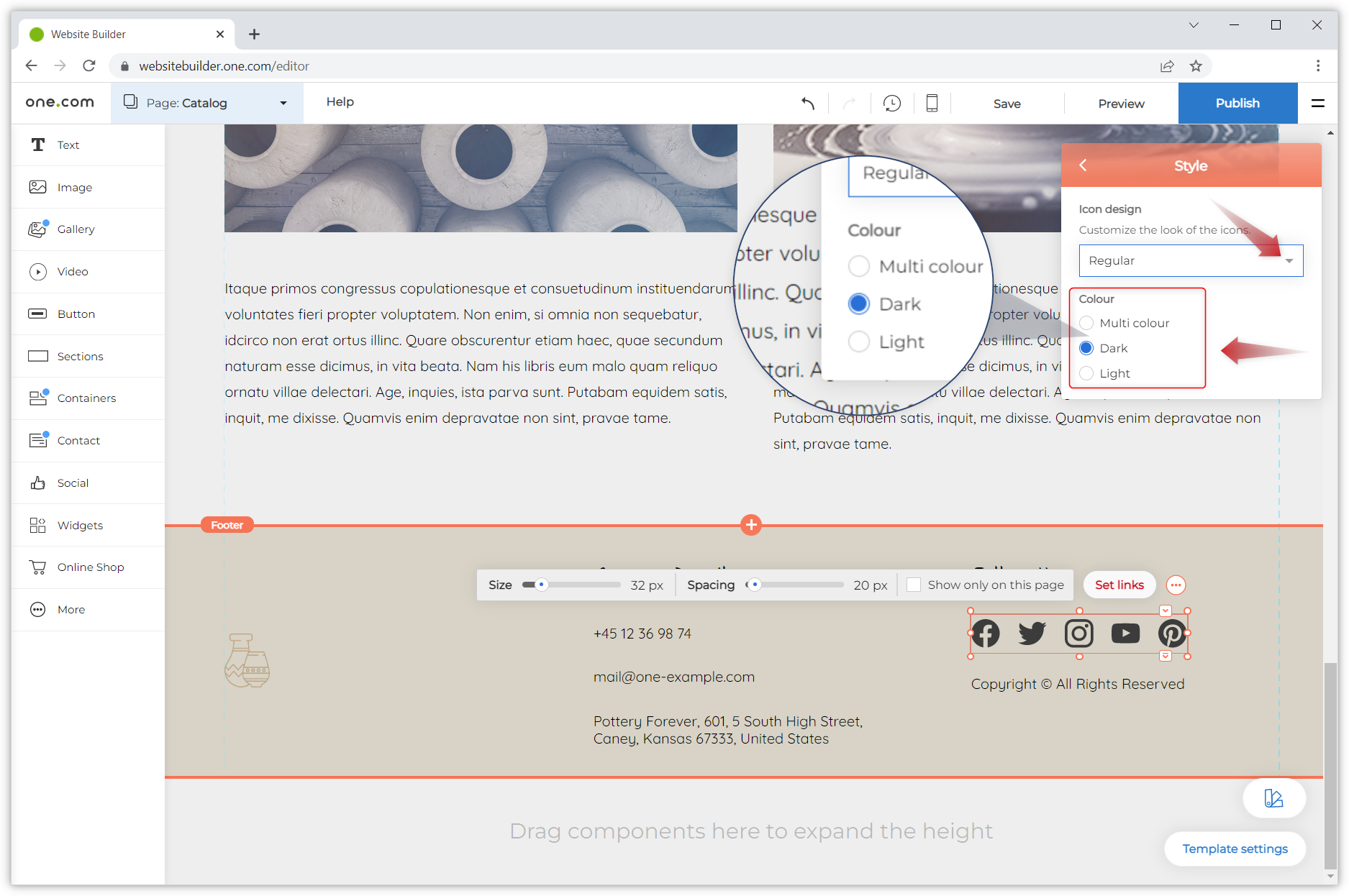 Screenshot van het geopende zwevende menu van de sociale media-icoontjes. Het menu-tabblad Stijl is geopend; een vergrootglas zoomt in op de kleuropties en rode pijlen wijzen naar het dropdown-menu voor vormen en kleuren.