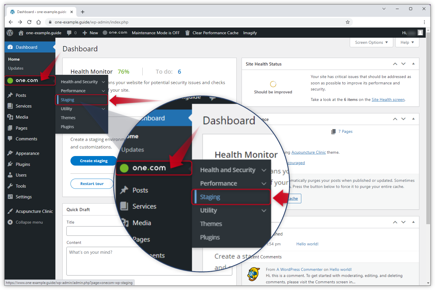 La captura de pantalla de WP Admin muestra dónde encontrar el plugin de one.com en el menú de la izquierda y la opción "Staging" en el menú desplegable.
