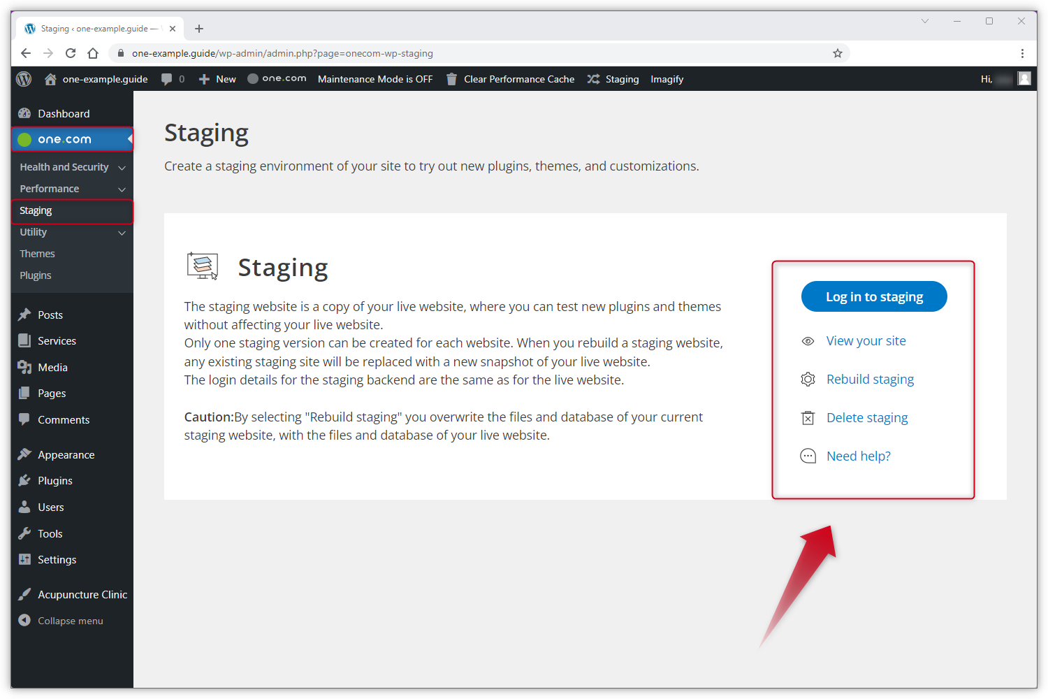 Skärmbilden från WP Admin visar de beskrivna alternativen för staging.
