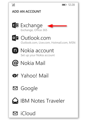 Choose Exchange as account type