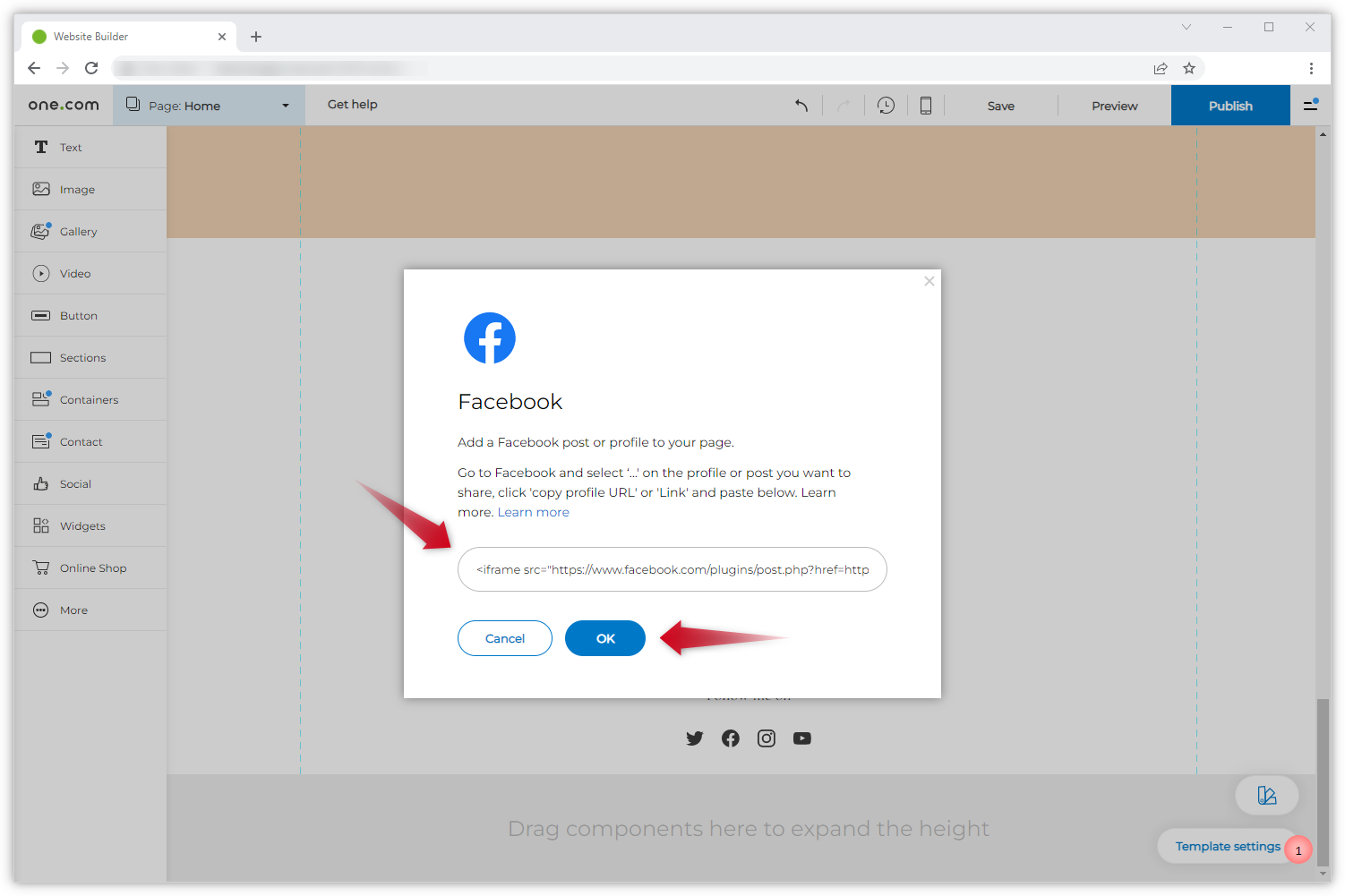 Screenshot des Facebook-Pop-up-Fensters mit zwei roten Pfeilen. Einer zeigt auf das Eingabefeld, der andere auf den „OK“-Button.