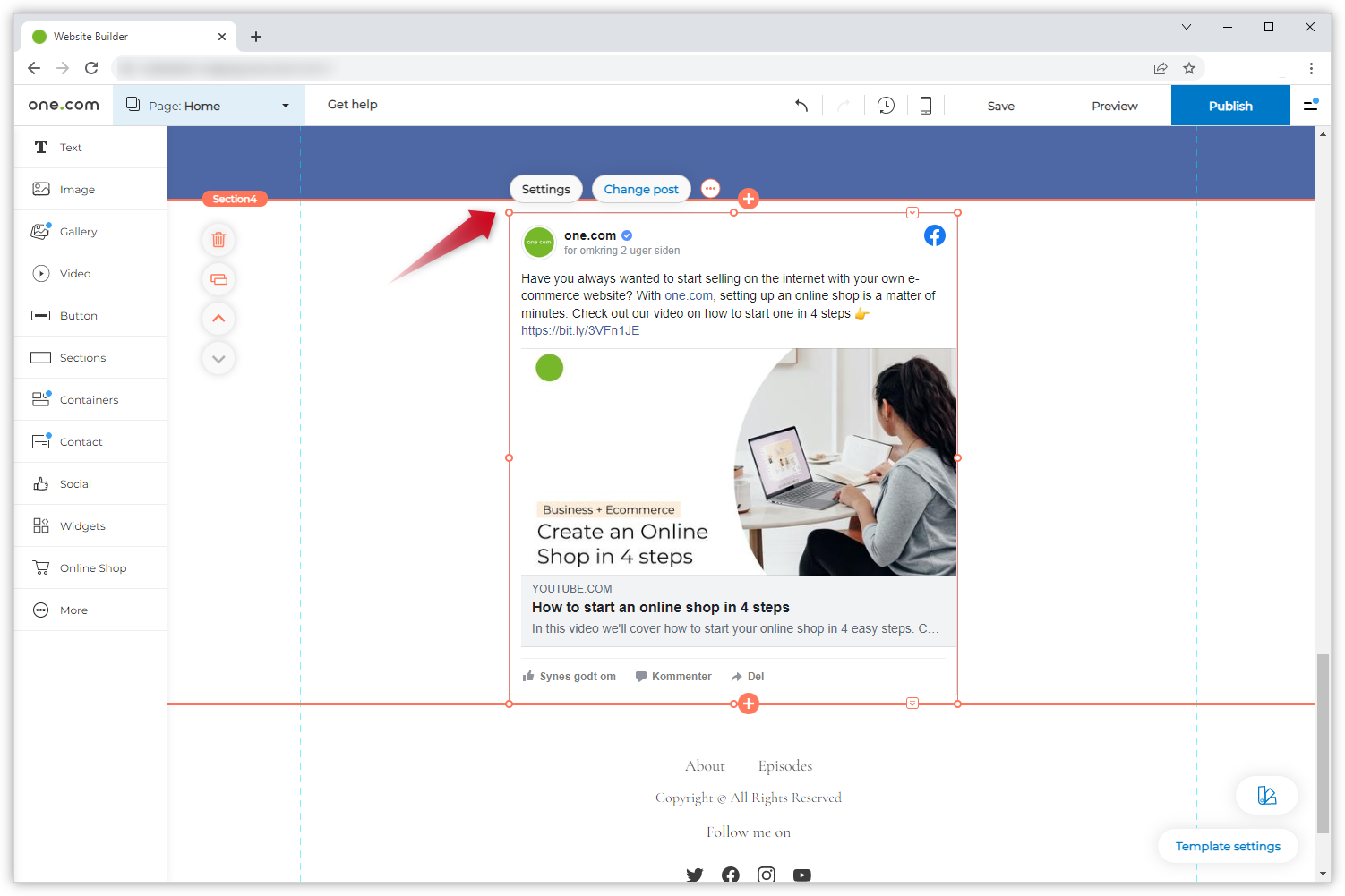 Captura de tela do componente do Facebook no editor e uma seta vermelha apontando para a aba "Configurações".