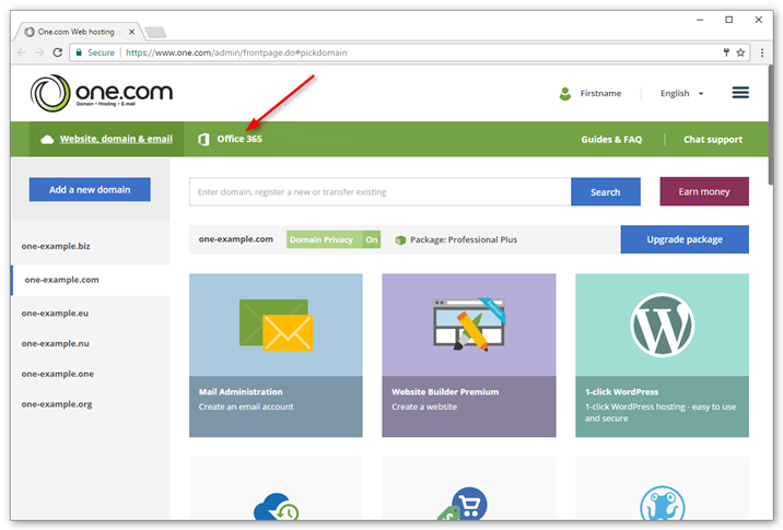 Click Office 365 in the green bar at the top of the control panel