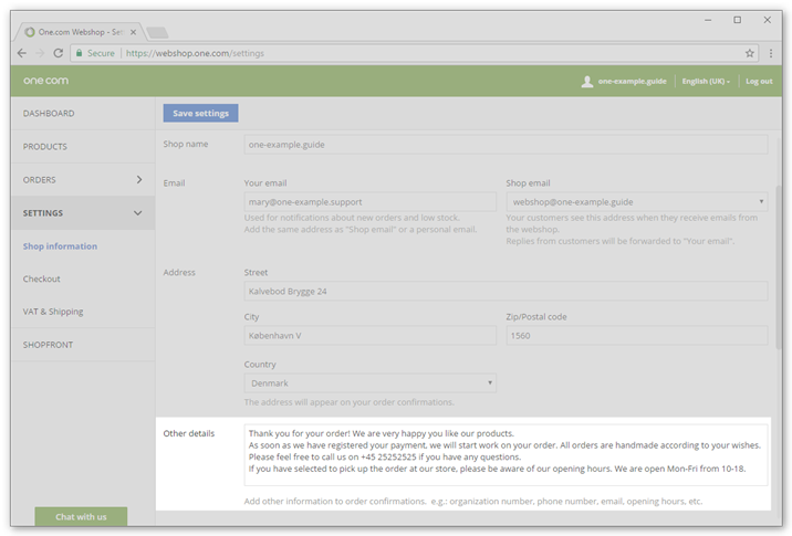 Enter other details under settings