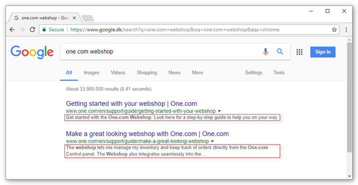 Screenshot che mostra come appaiono i metadati nei risultati di ricerca su Google.