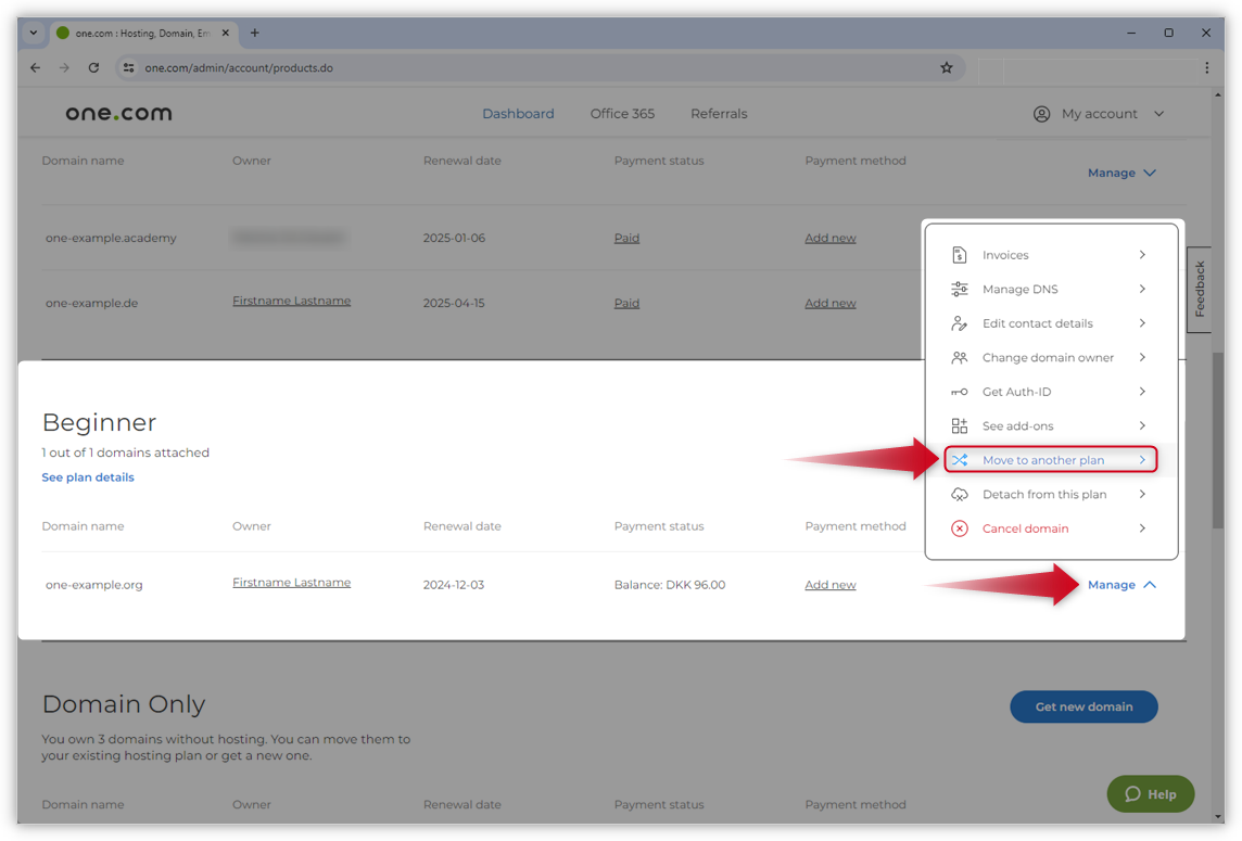The screenshot of the Products page in the Control Panel shows a domain with the "Beginner" plan. One red arrow points to the "Manage" option, while another points to "Move to another plan" in the menu.