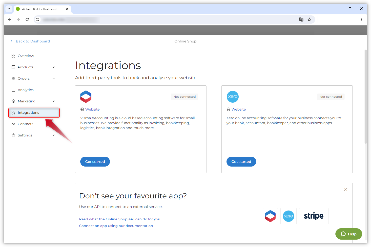 Captura de ecrã mostrando a página 'Integrações' no painel da Loja virtual. Uma seta vermelha aponta para o bloco 'Integrações' no menu à esquerda.