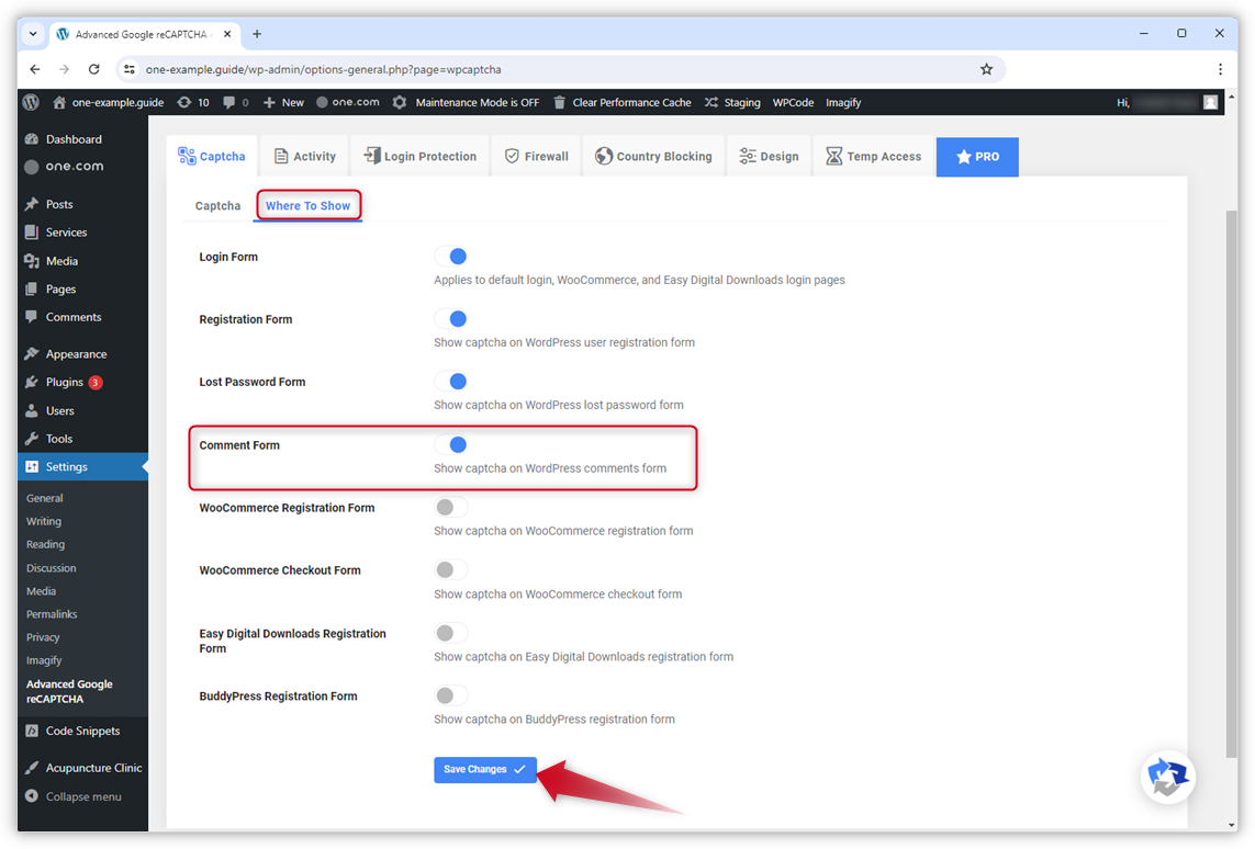 Captura de pantalla de la configuración de "Dónde mostrar" en el plugin reCAPTCHA.