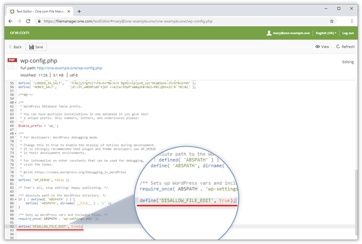 Skjermbilde av wp-config.php-filen i one.com's File Manager.