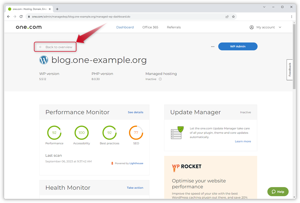 Schermafbeelding van het overzicht van een WordPress-website in het Configuratiescherm.