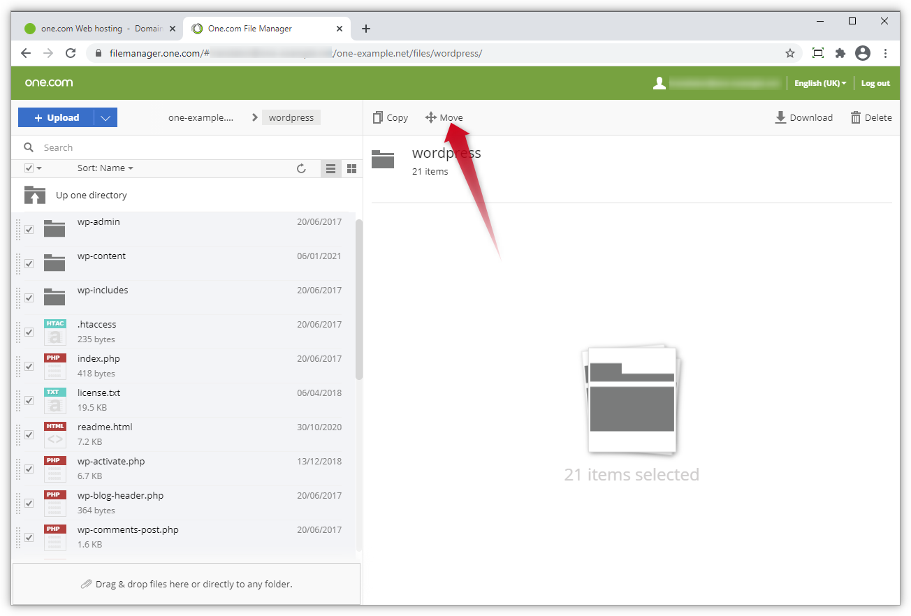 Shot de tela mostrando como mover arquivos no File Manager.